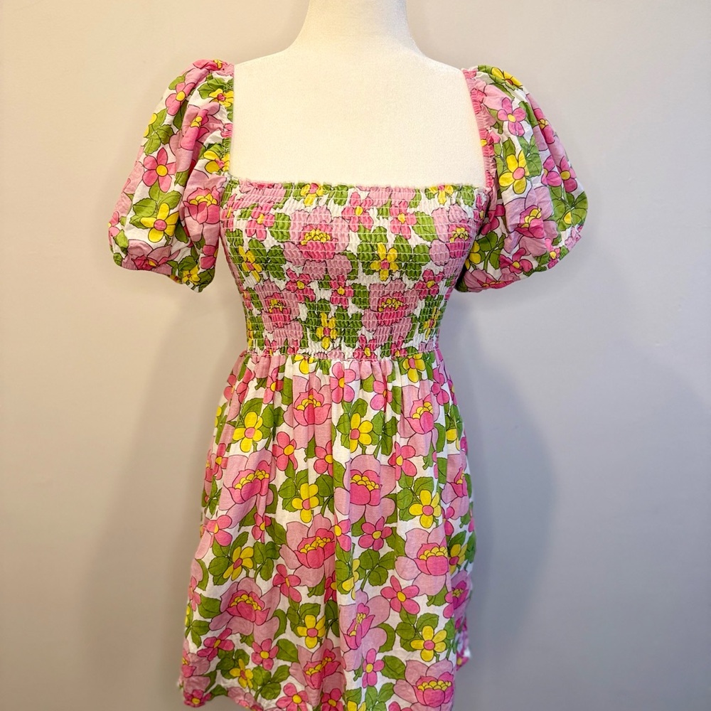 Floral Pink and Green Smocked Dress